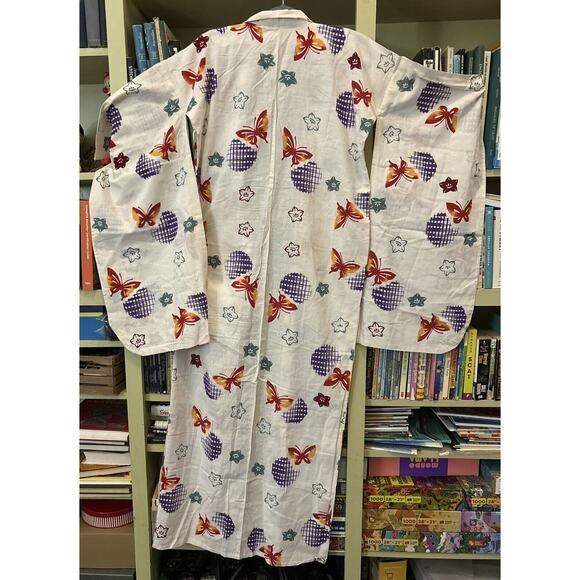 Women Kimono Robe White Butterfly Leaf Cotton Japanese Furisode Purple Red Green - Picture 5 of 8